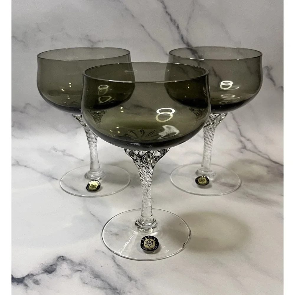 Vintage Sasaki Japan Coronation Dark Green 3 Cocktail Glasses 6 oz MCM READ